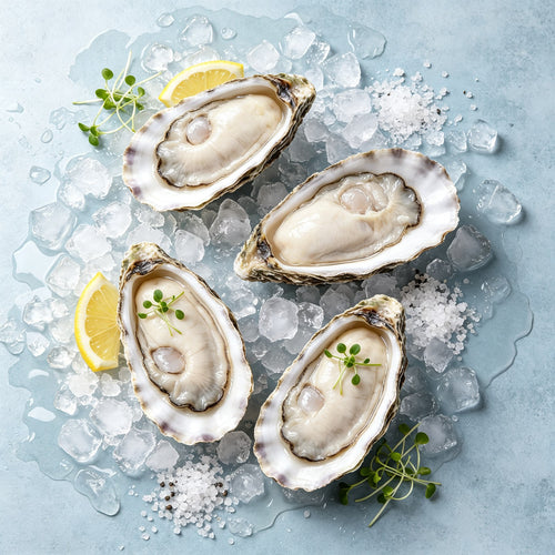 Fresh half-shell oysters on crushed ice with lemon wedges