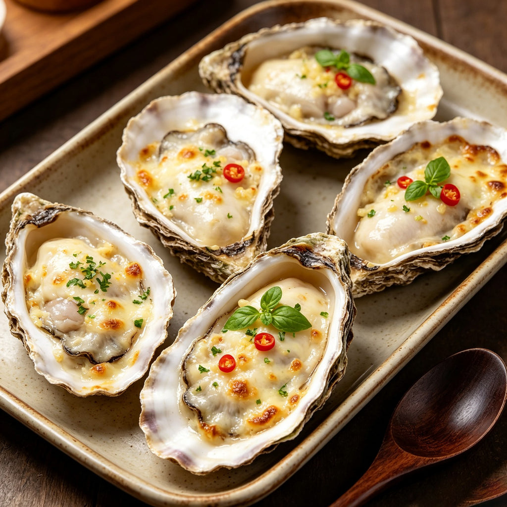 Grilled half-shell oysters topped with garlic and herbs on a baking tray