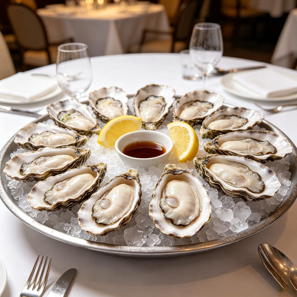A wide platter of half-shell oysters on ice arranged for sharing