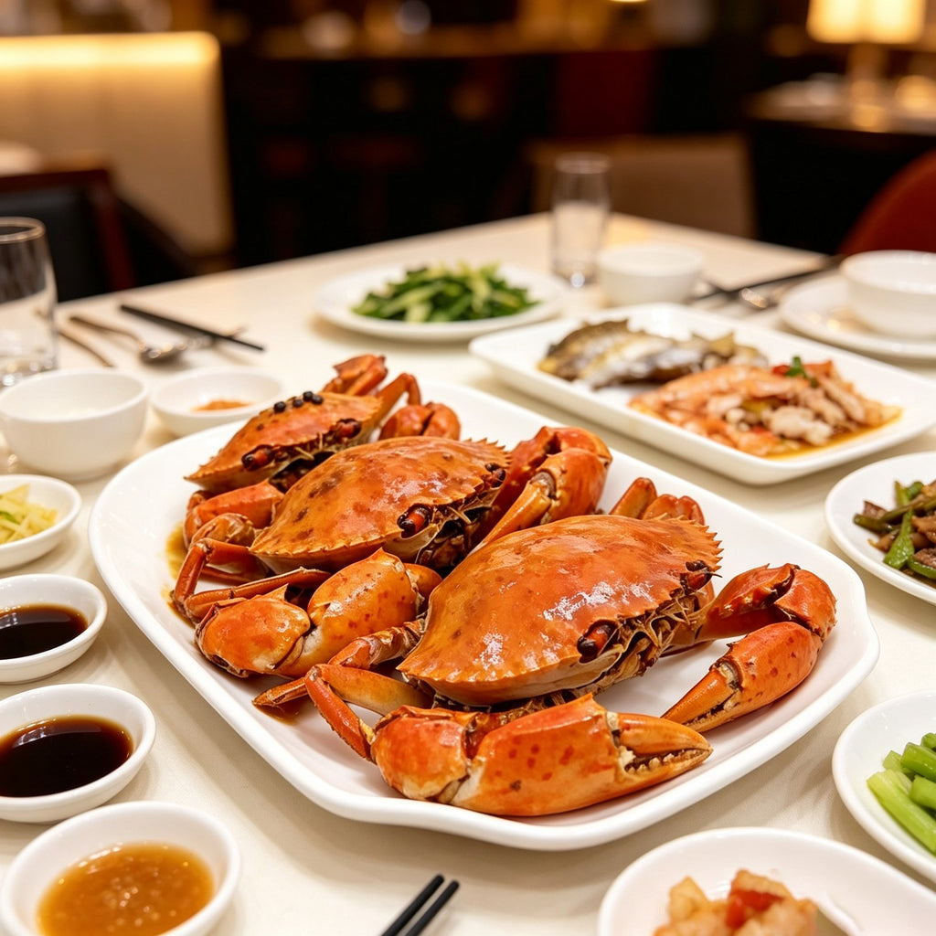 Plated sections of cooked crab with a dipping sauce