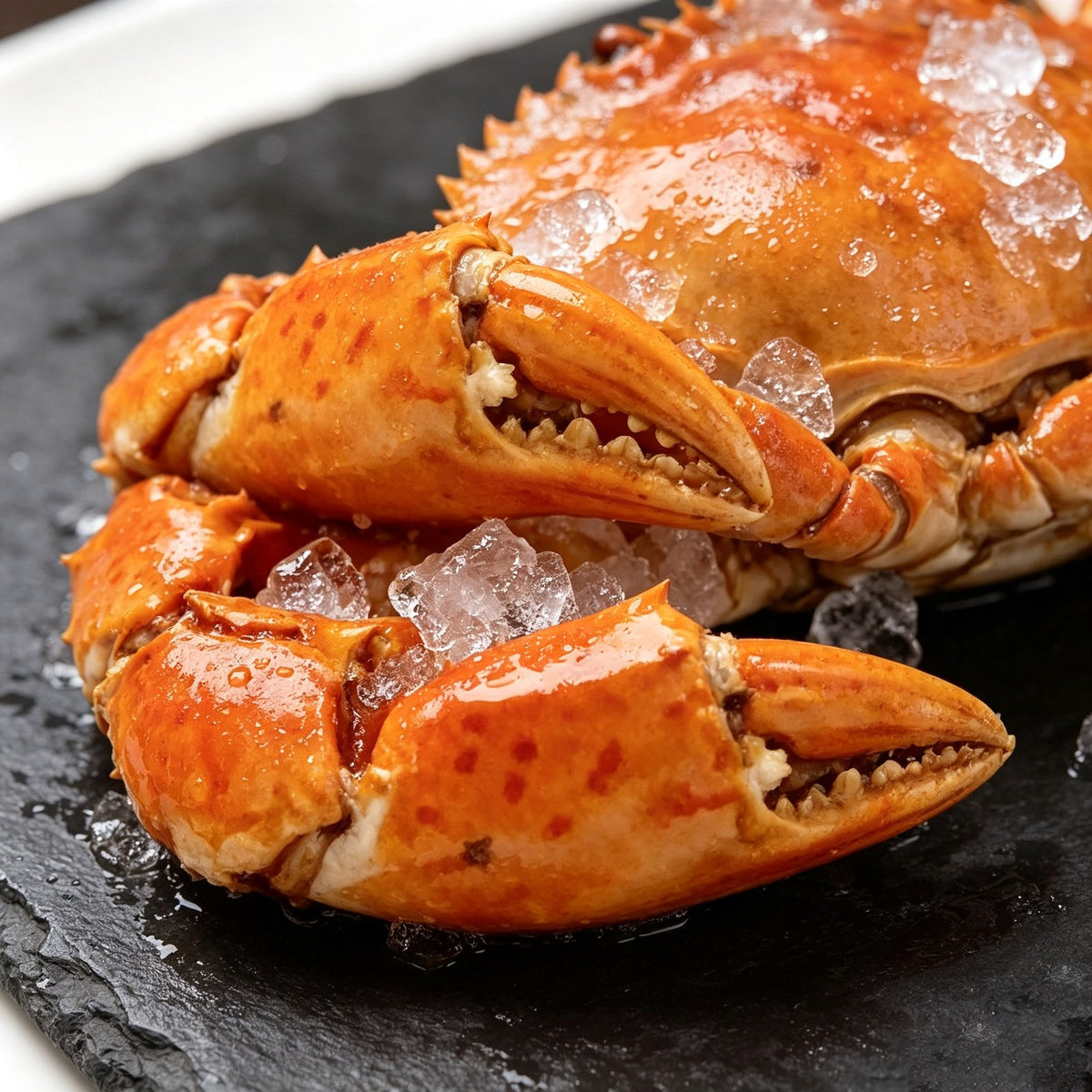 Close-up of a cooked crab claw and body on a dark plate