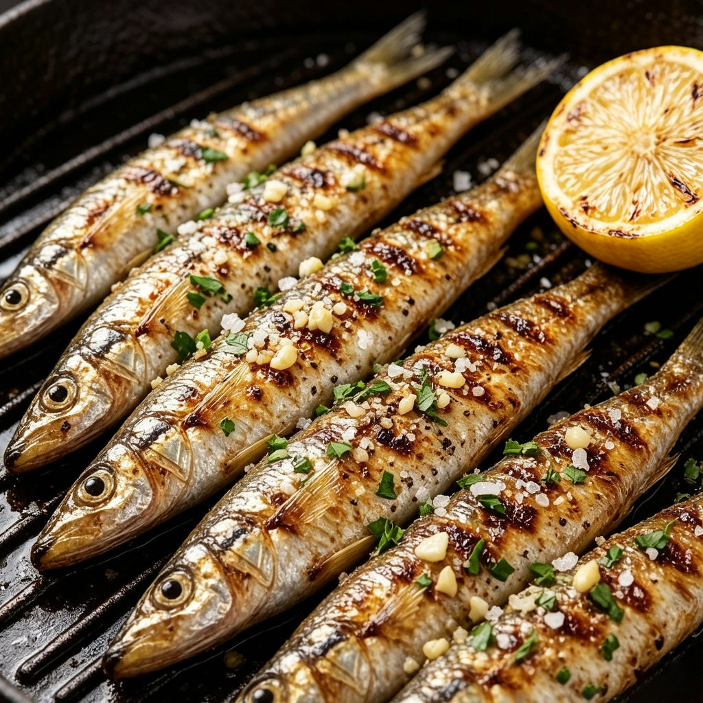 Grilled whitebait on a rack seasoned with herbs and lemon