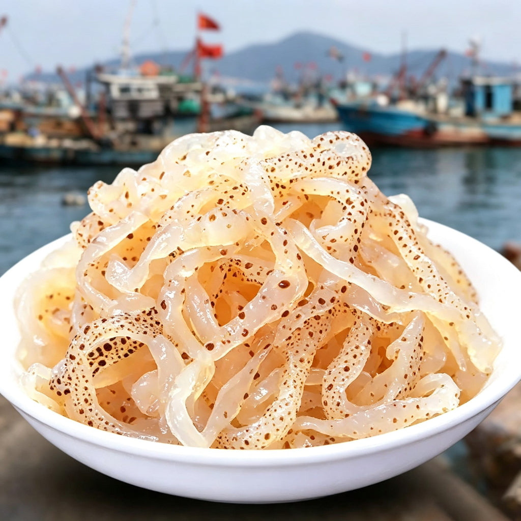 Chilled shredded jellyfish salad served in a white bowl