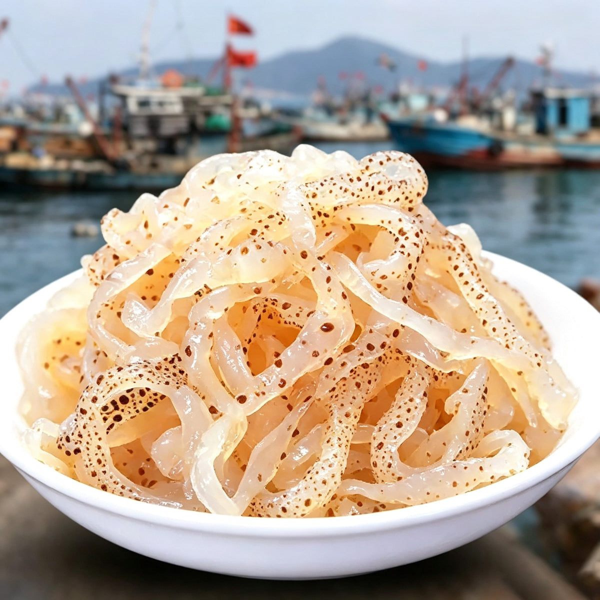 Chilled shredded jellyfish salad served in a white bowl