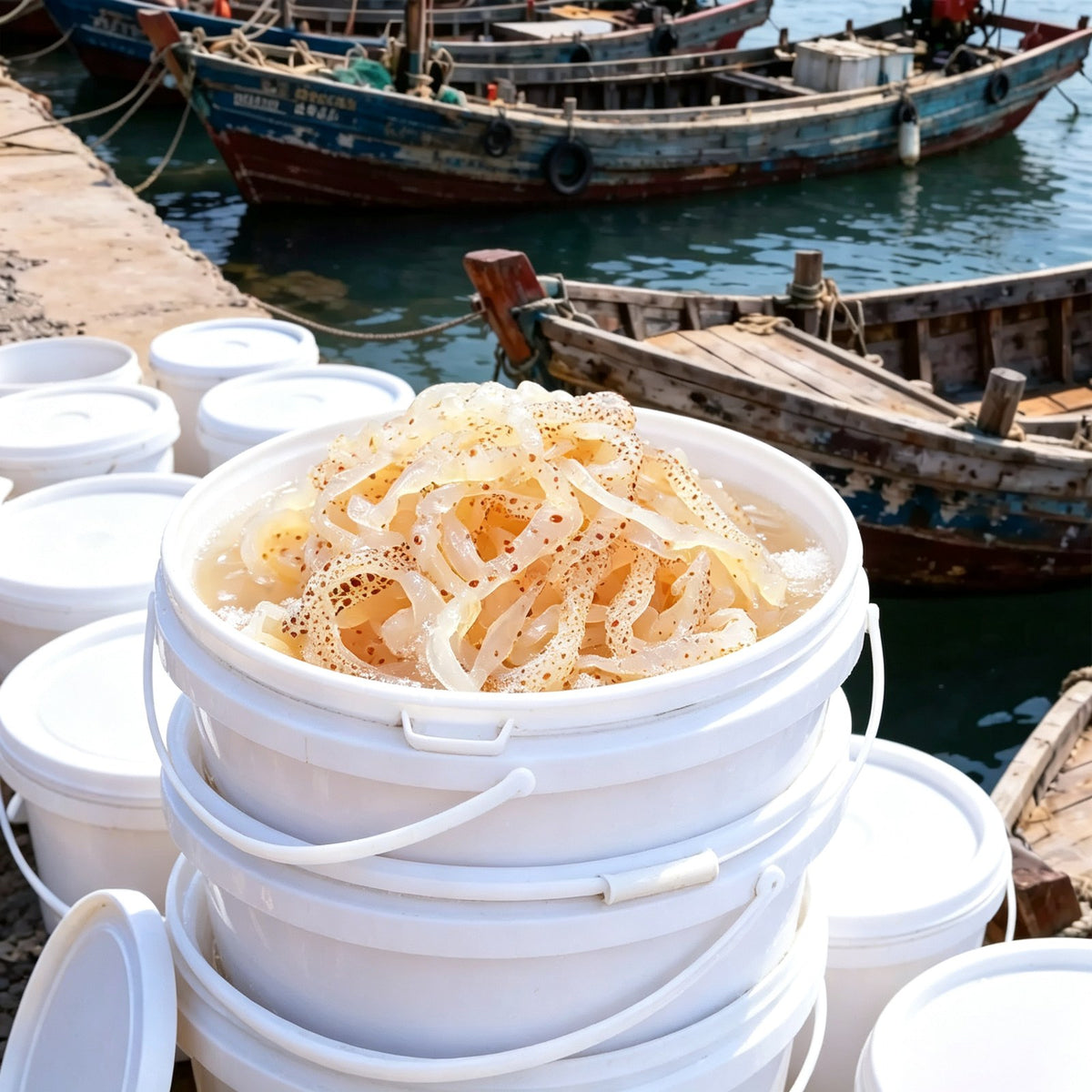 Jellyfish strips in a white bowl set over ice
