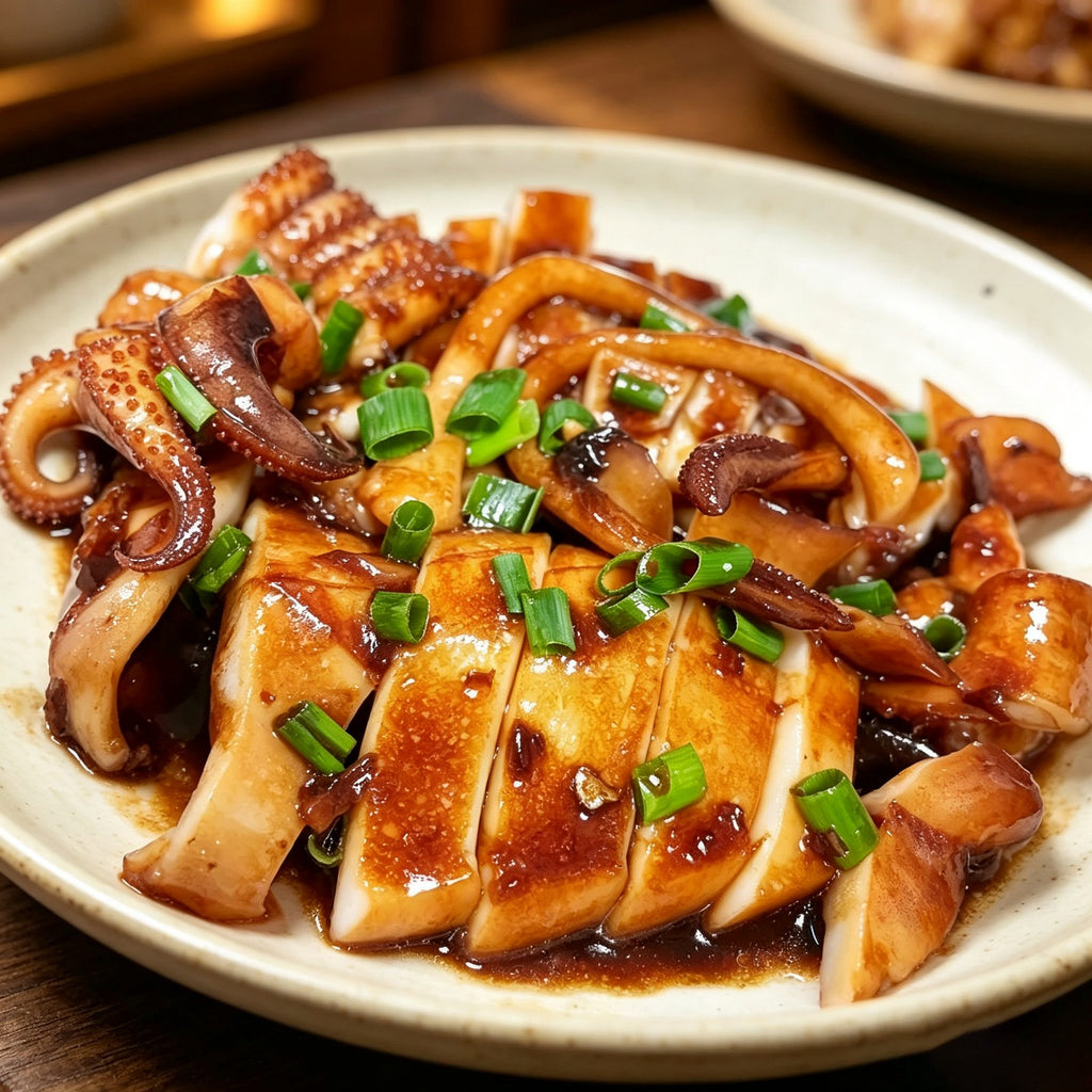 Braised cuttlefish pieces in a rich sauce with scallions
