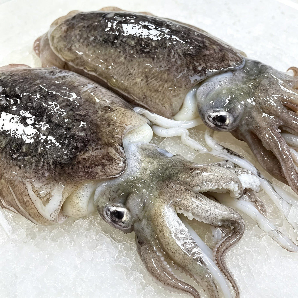 Whole raw cuttlefish with tentacles displayed on crushed ice
