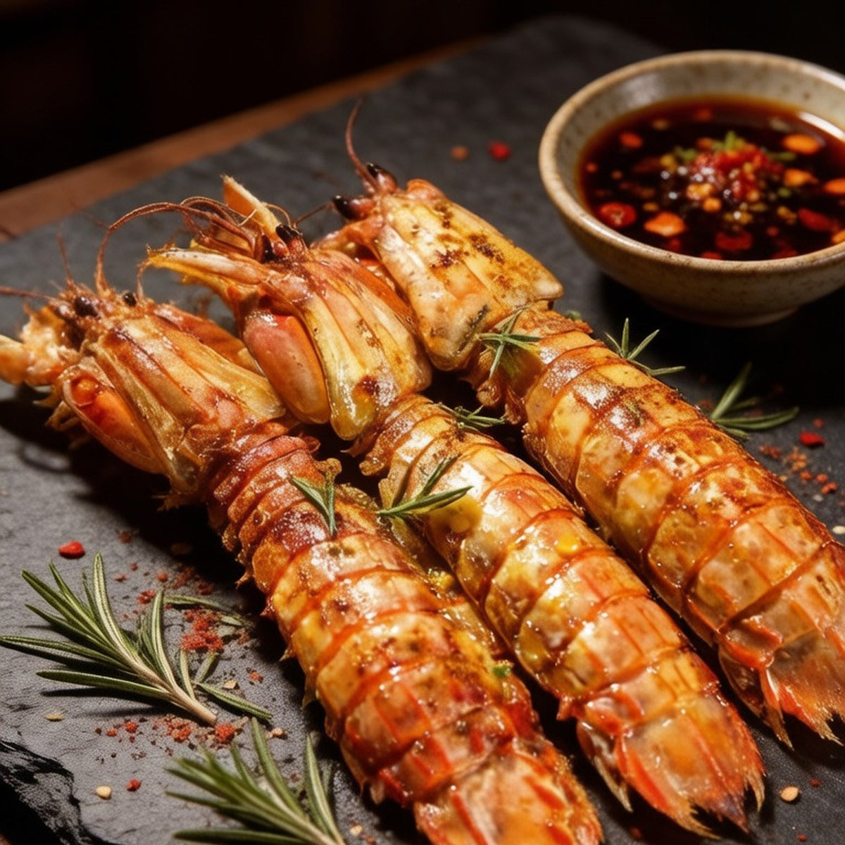 Grilled mantis shrimps with rosemary and a chilli dipping sauce on a slate board