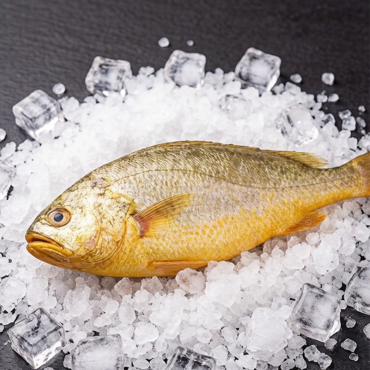 Whole raw yellow croaker resting on crushed ice