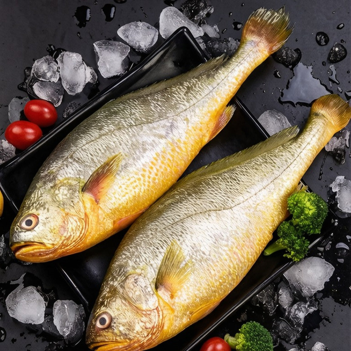 Steamed yellow croaker dressed with soy sauce and scallion on a white plate