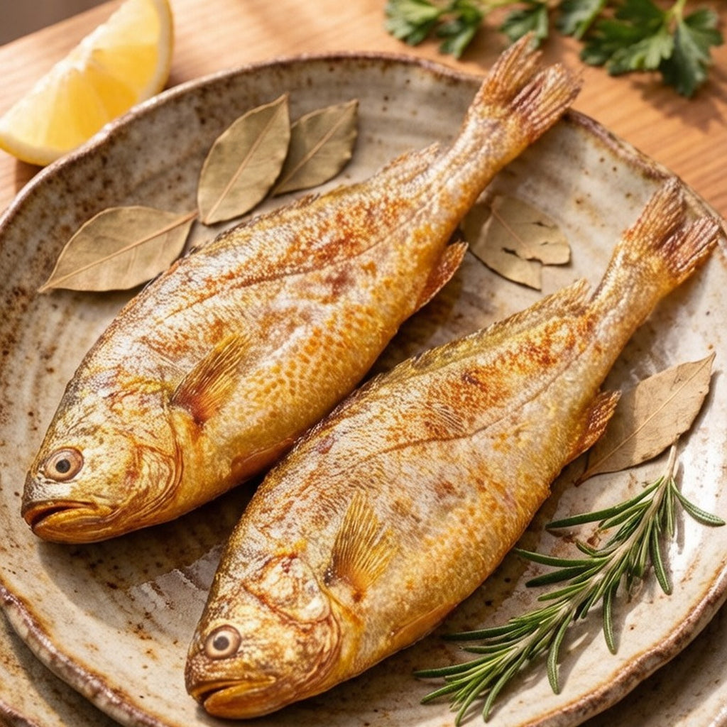 Two yellow croakers on a platter with vegetables over crushed ice